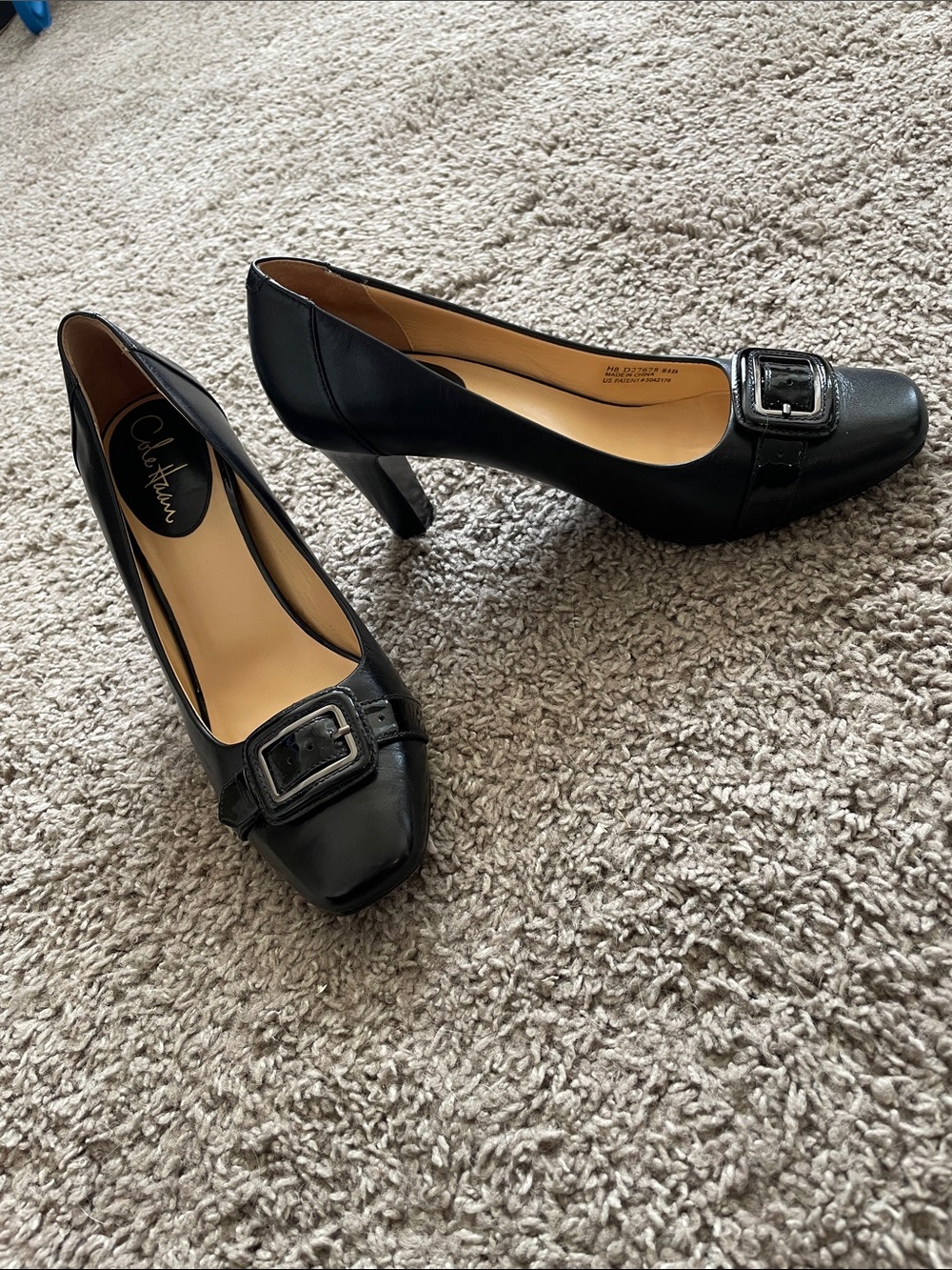 Cole Haan Black Leather Buckle Mid-Heel Pumps